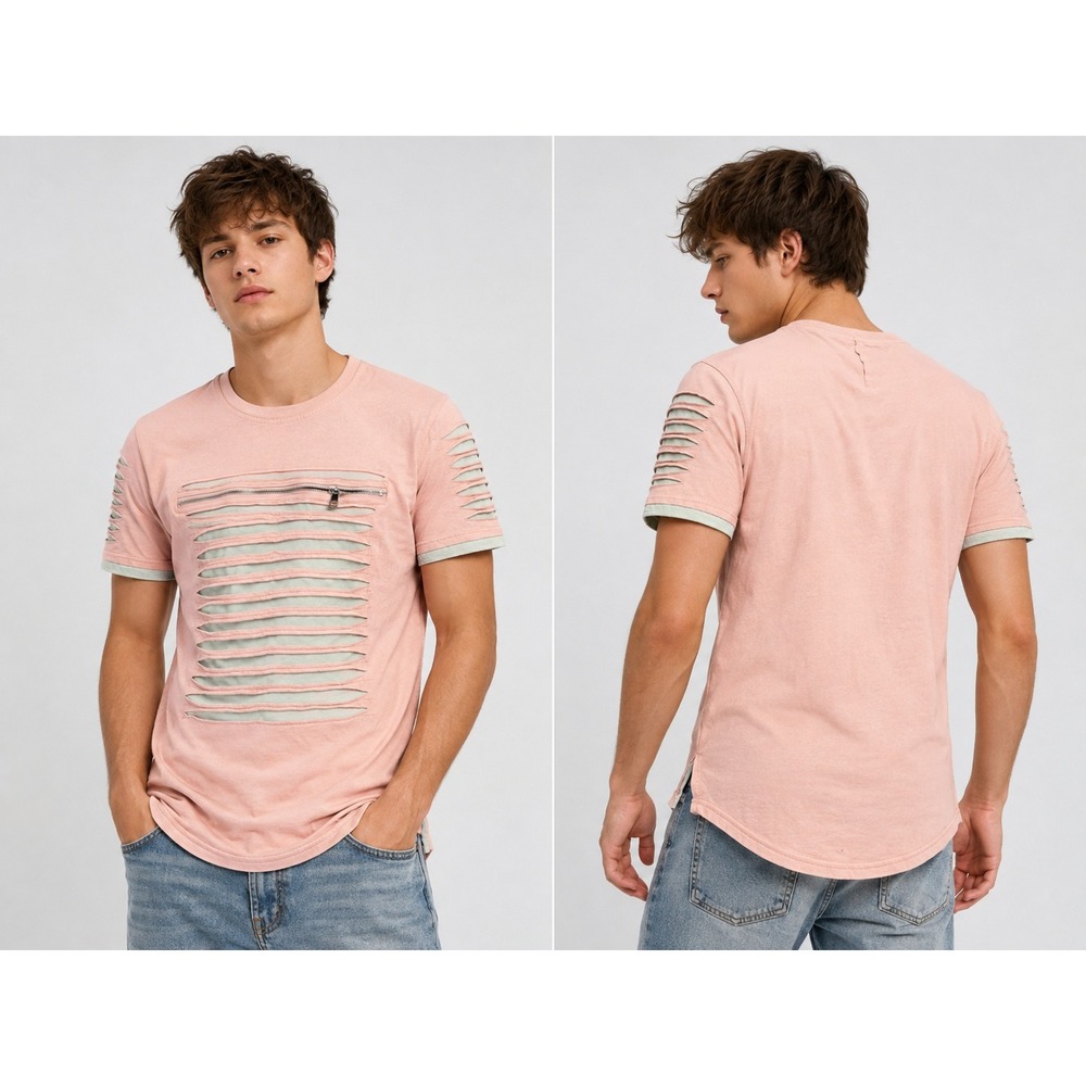 Carbon Mens Distressed Slashed Zipper T-Shirt Pink Grey Streetwear Size M
